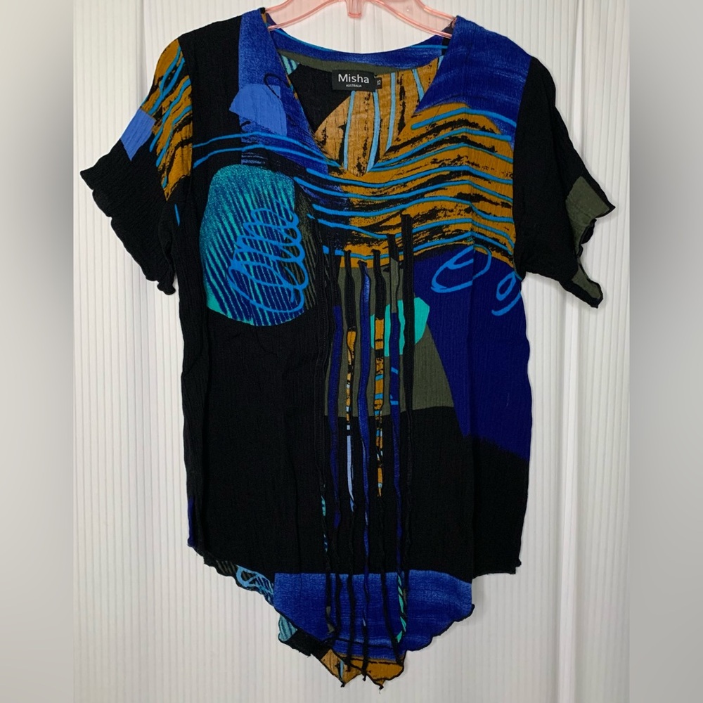 Misha Short Sleeve Rayon Blouse Asymmetrical Hem Gauzy Texture Multicolor XS